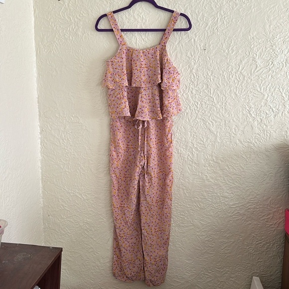 Sonia Rykiel Enfant Silk Pink Yellow Floral Jumpsuit Ruffle Crystal Logo Girl 14 - Picture 1 of 10